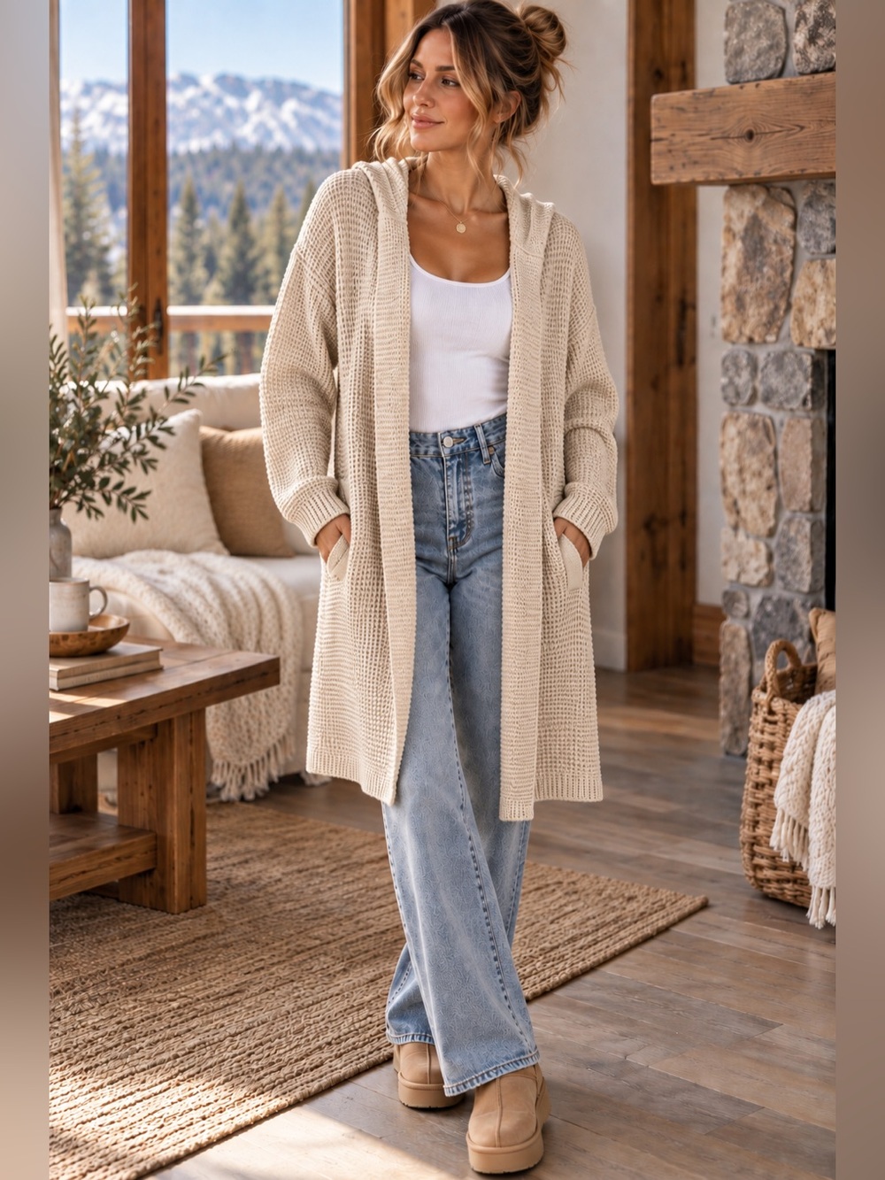 Carve Designs Alamosa Cream Wool Alpaca Blend Waffle Knit Hooded Long Cardigan